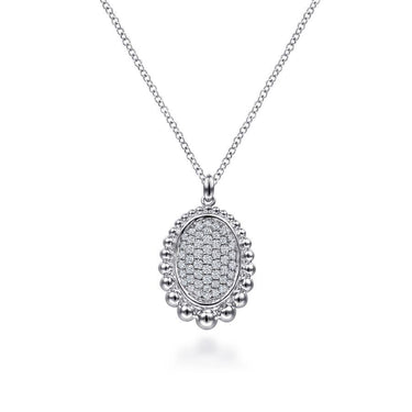 Oval diamond pavé pendant necklace with beaded halo in white gold on chain