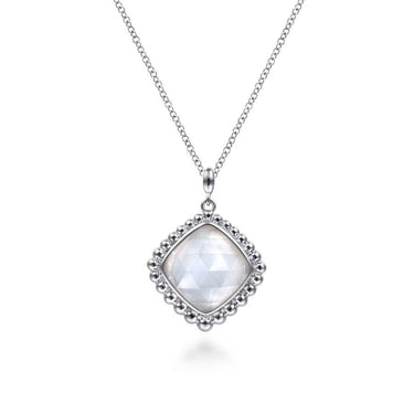 Sterling silver necklace with cushion-cut white gemstone pendant and beaded halo design