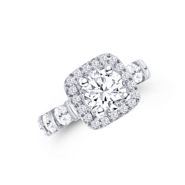 White gold diamond halo engagement ring with round center stone and pavé band