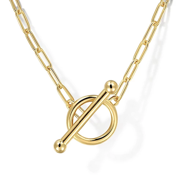 Gold paperclip chain necklace with a round toggle clasp on a white background
