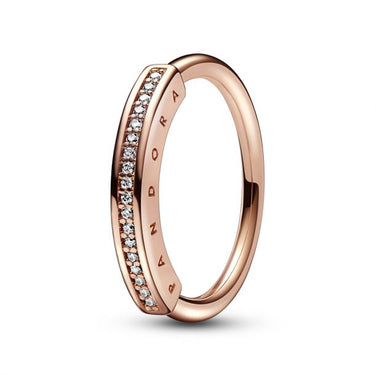 Rose gold pavé ring with clear stones and engraved detail, elegant fine jewelry