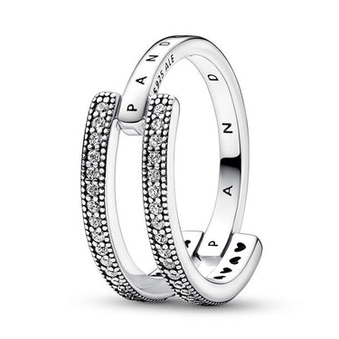 Sterling silver double band ring with pavé-set clear stones and engraved logo details.